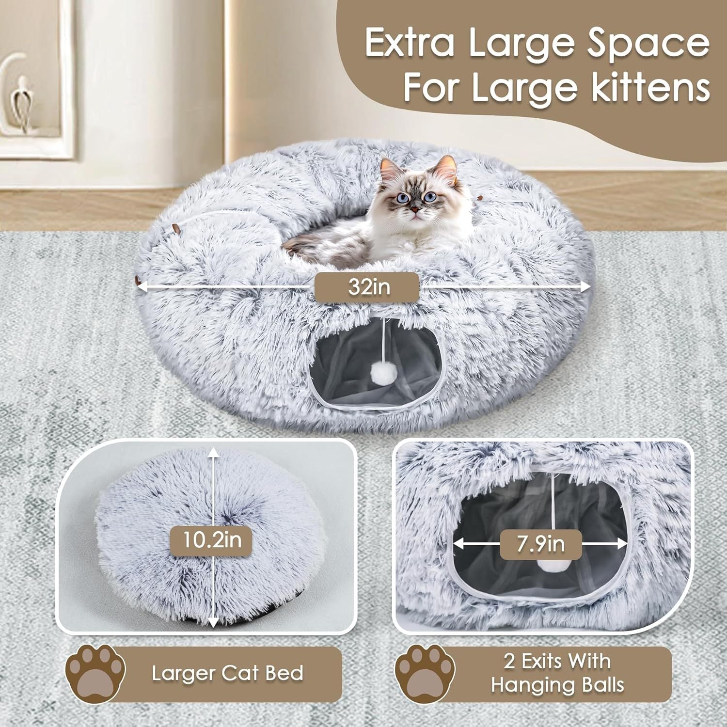 Cat Tunnel Bed – Indoor Play Tube with Washable Soft Mat for Cats & Small Pets